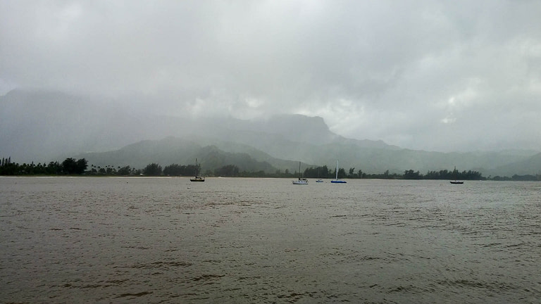 Hanalei Bay in rain and fog