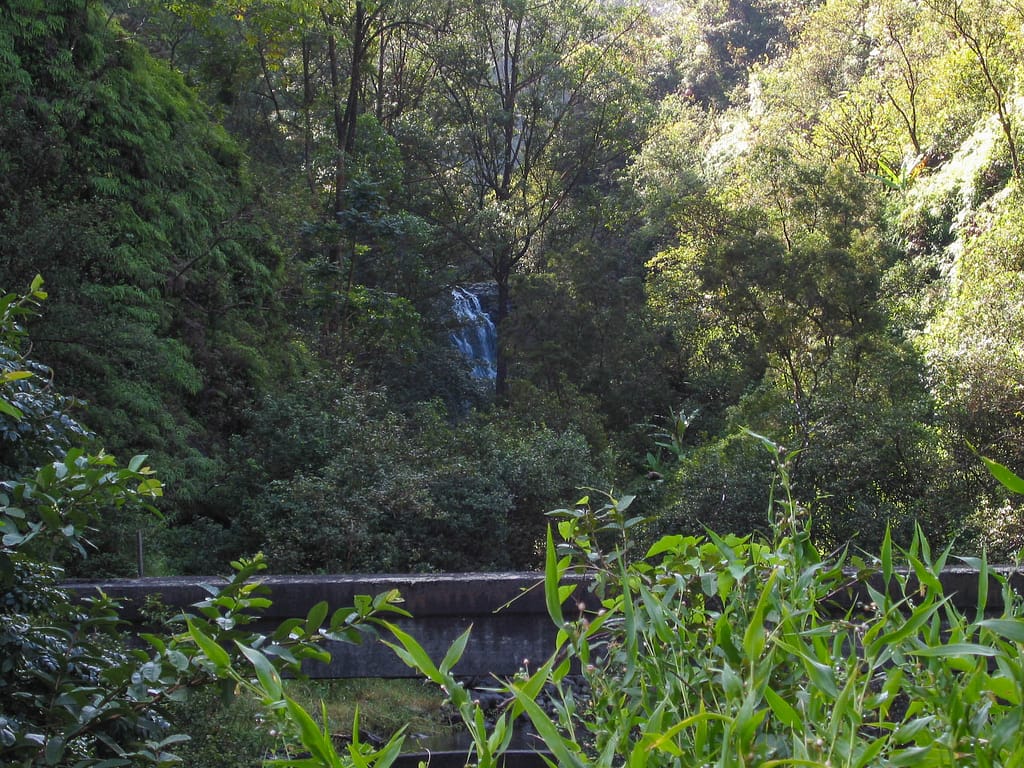 waterfall by bridge
