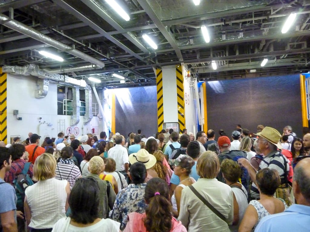 crowd waiting to leave ferry