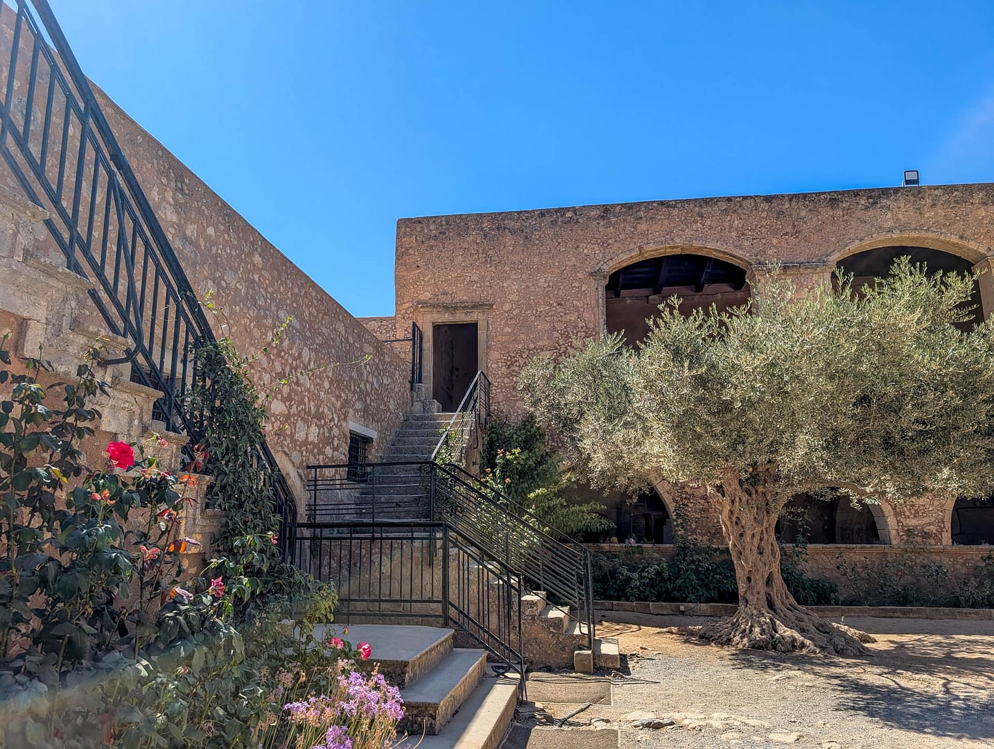 monastery building with old olive tree