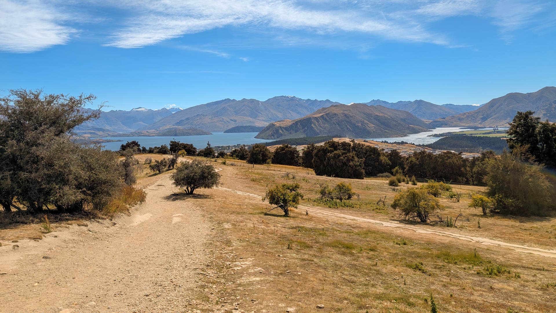 track with lake and mountains in distance