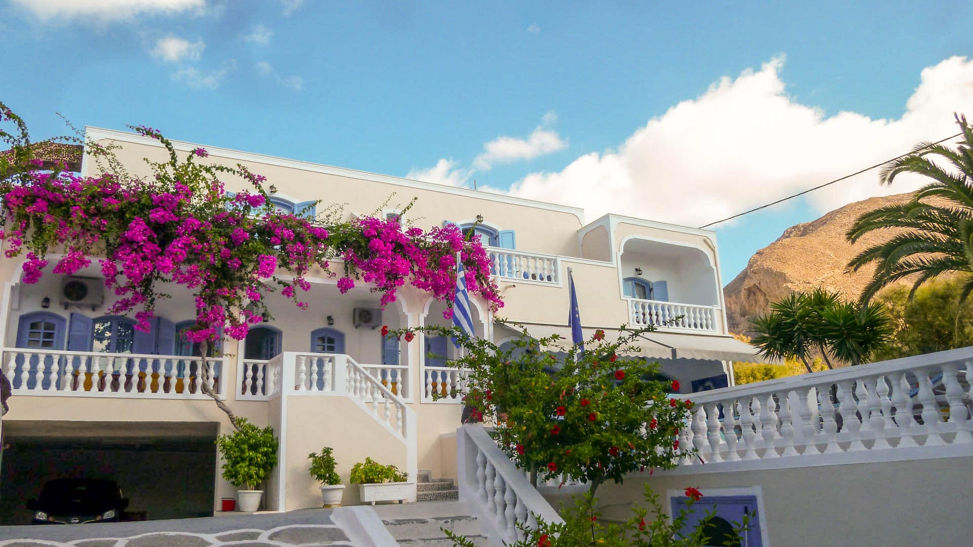 Stelios Place with pink flowers