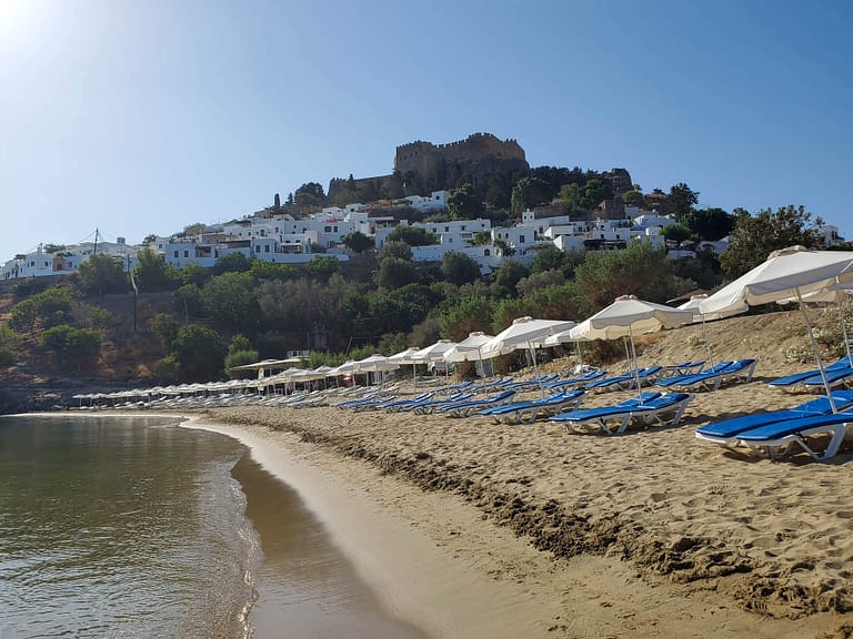 view from beach to village and acropolis