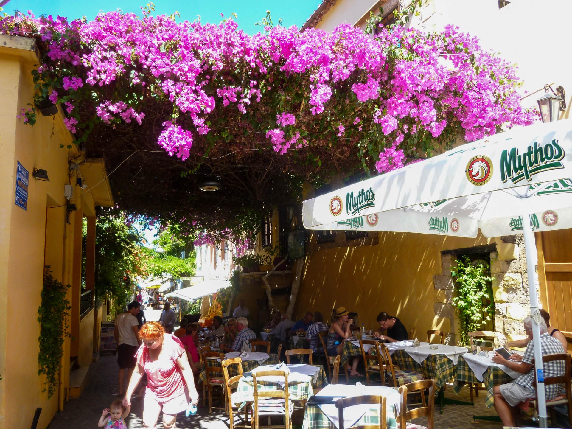 restaurant with colorful flowers