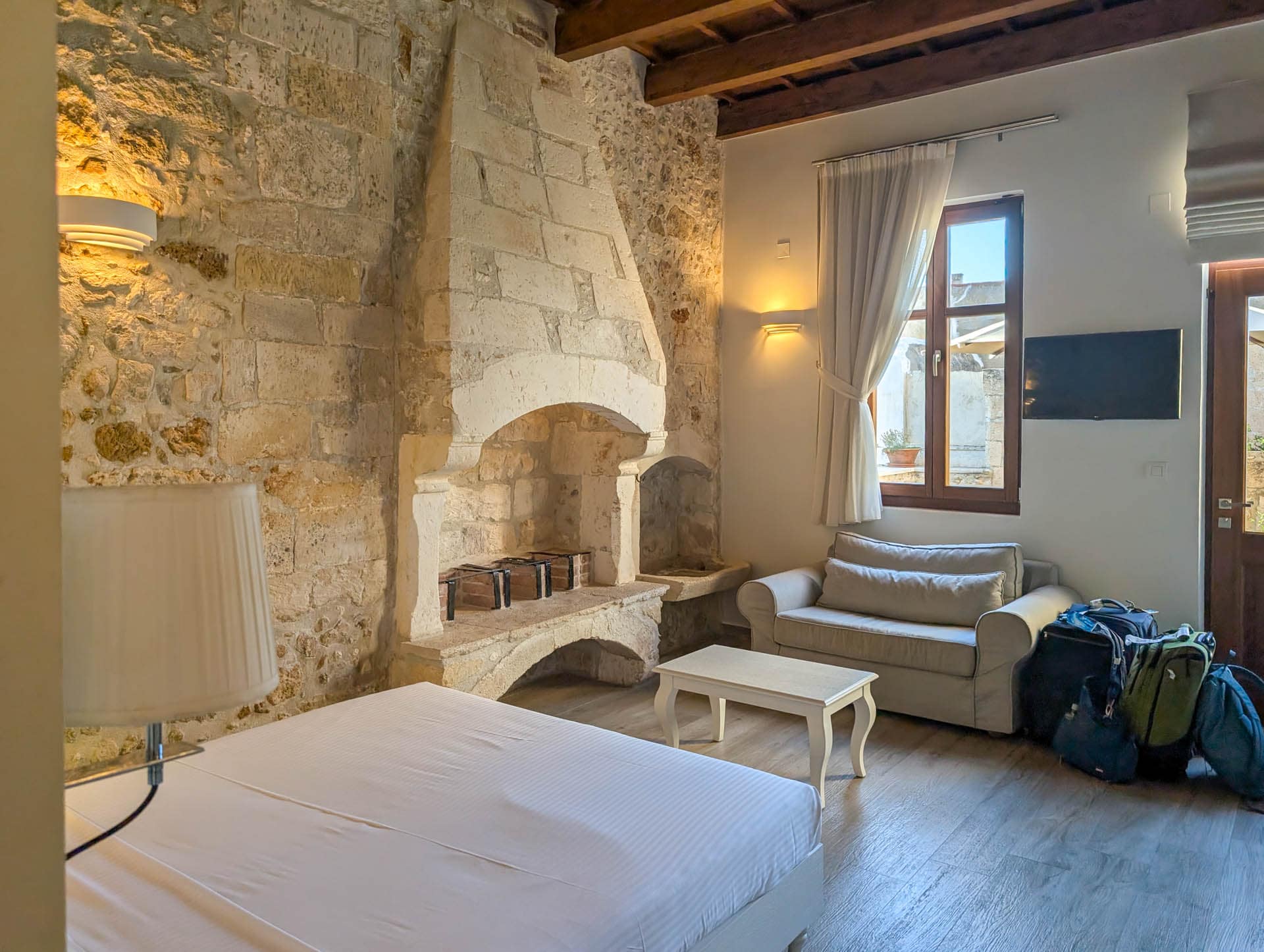 our room with old fireplace
