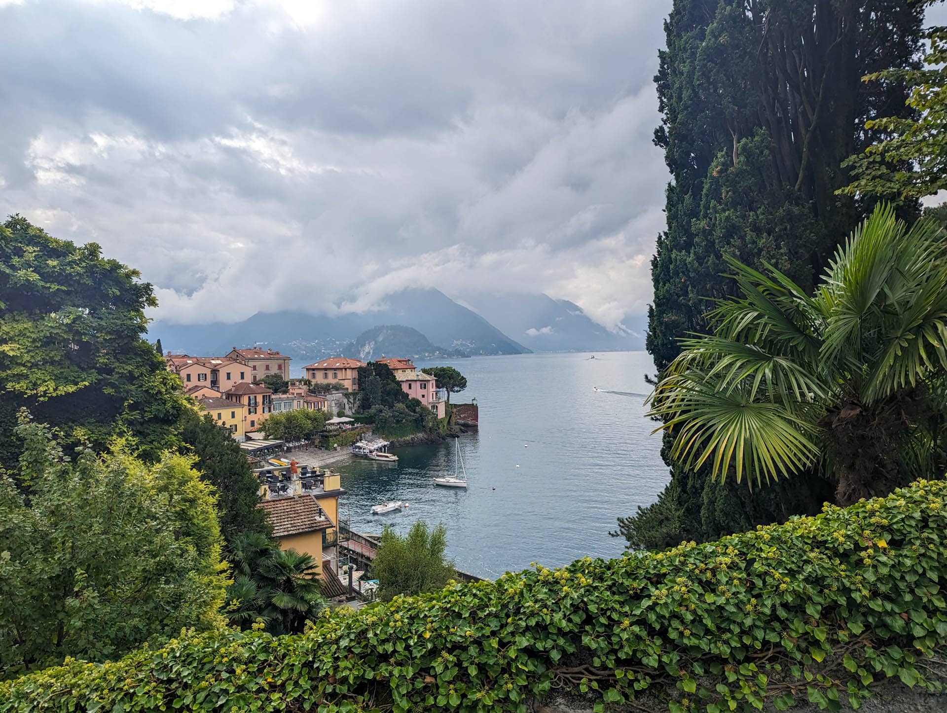 view of Varenna from behind hedge